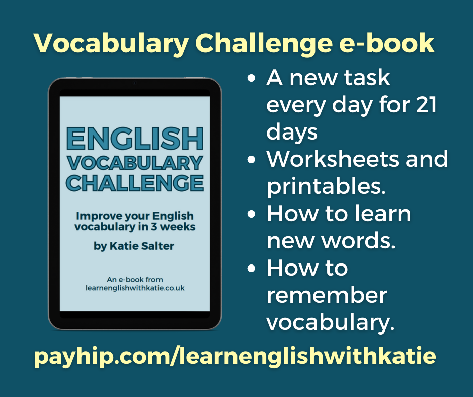 Advert for Vocabulary Challenge e-book showing a picture of the front cover on a tablet computer. Text reads, a new task every day for 21 days, worksheets and printables, how to learn new words, how to remember vocabulary
